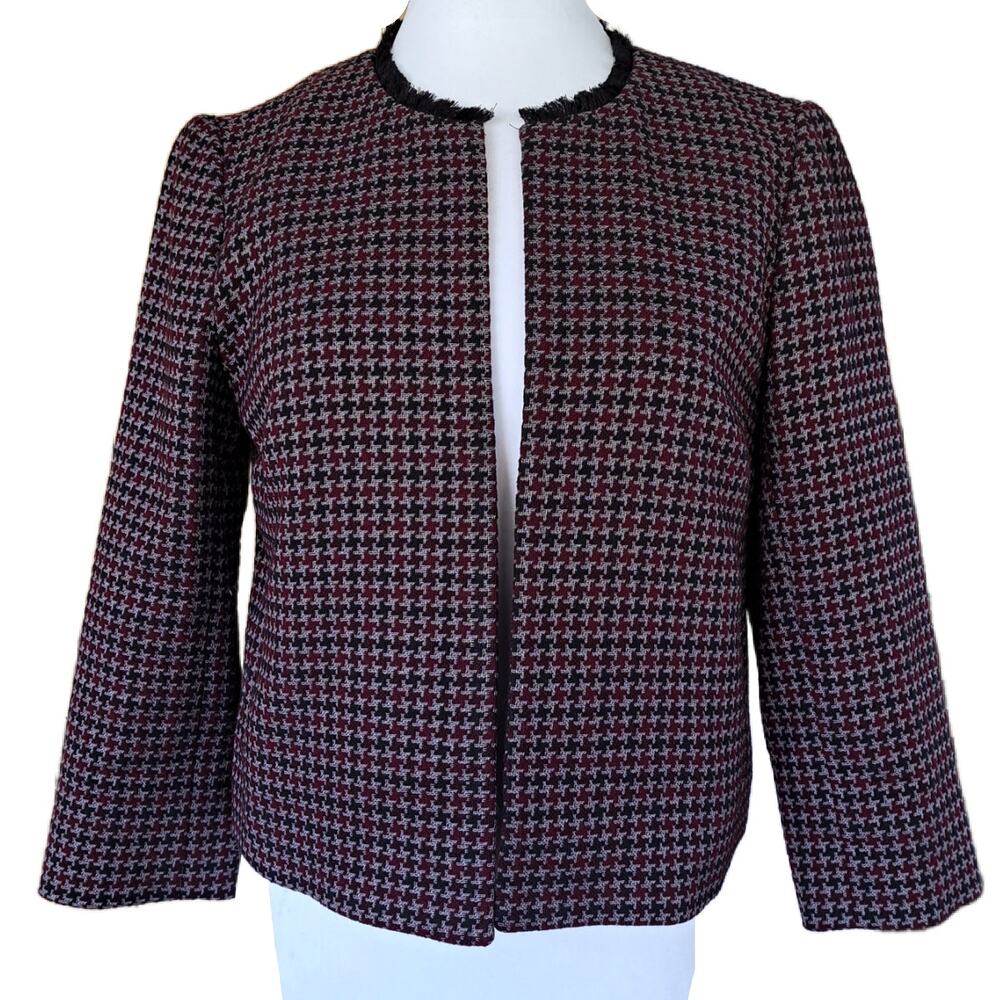 LOFT Burgundy Black Houndstooth Crop Blazer Jacket Size Small